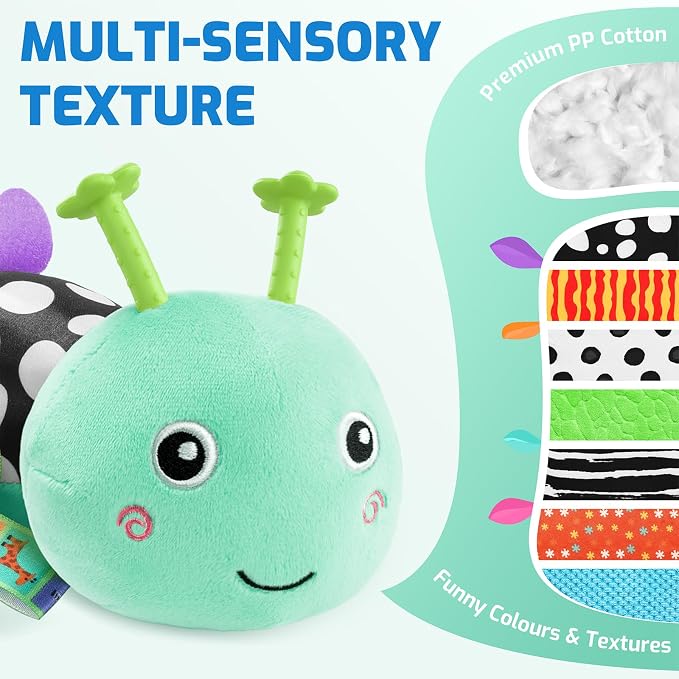 Sumobaby Baby Toys 0-6 6-12 Months, Music Caterpillar Plush Toy with Baby Mirror, Pull String&Crinkle Rattle,Infant Teething Toys,Tummy Time for 0-3-6-12 Month Boys Girls Newborn Gifts (Blue-Leaf)