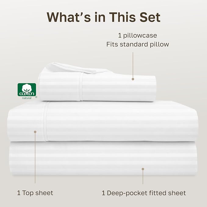 California Design Den Soft 100% Cotton Twin XL Sheet Set, 400 Thread Count Good Housekeeping Award Winner, Silky Smooth Sateen Weave, Breathable and Durable Cotton Bedding Set - Striped White