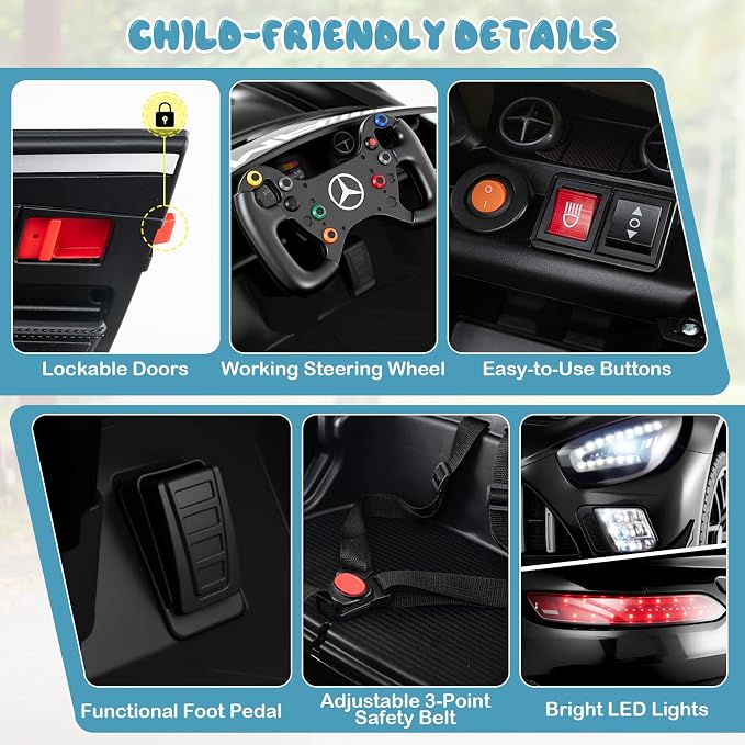 Costzon Ride on Car, 12V Licensed Mercedes-AMG GT3 Kids Car with Remote Control, 3 Speeds, LED Lights, Music, Wireless, Transport Wheels & Soft Start, Electric Vehicle for Toddlers Aged 3+ (Black)