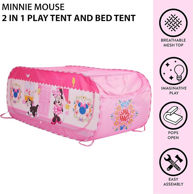 Disney Minnie Mouse 2 in 1 Kids Pop Up Play Tent and Twin Bed Tent for Pretend and Imaginative Play