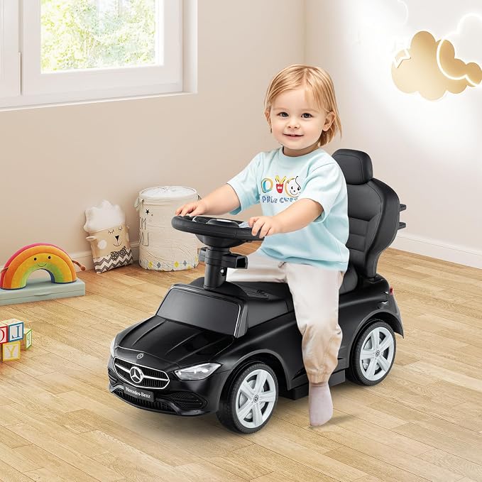 Costzon Push Car for Toddlers, 3 in 1 Mercedes Benz Stroller Sliding Walking Car w/Canopy, Handle, Safety Bar, Horn Sound, Underneath Storage, Foot-to-Floor Ride On Toy for Boys & Girls (Black)