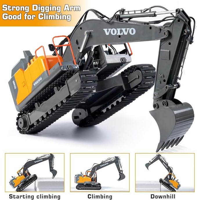 Double E Volvo 1:16 Scale Remote Control Excavator, 17 Channel 3-in-1 Construction Toy with Metal Shovel, Drill, Grab & Lights, 2.4GHz Full Function Digger for Outdoor Sandbox, Gift for Kids & Adults