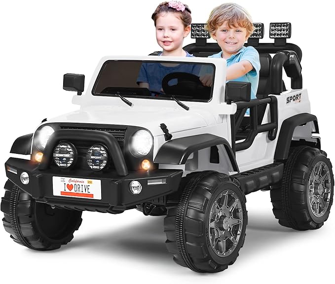 Costzon 2-Seater Ride on Truck, 12V Battery Powered Electric Vehicle Toy w/Storage, Remote Control, 3 Speed, LED Lights, MP3, Horn, Music, 2 Doors Open, Spring Suspension, Ride on Car for Kids(White)