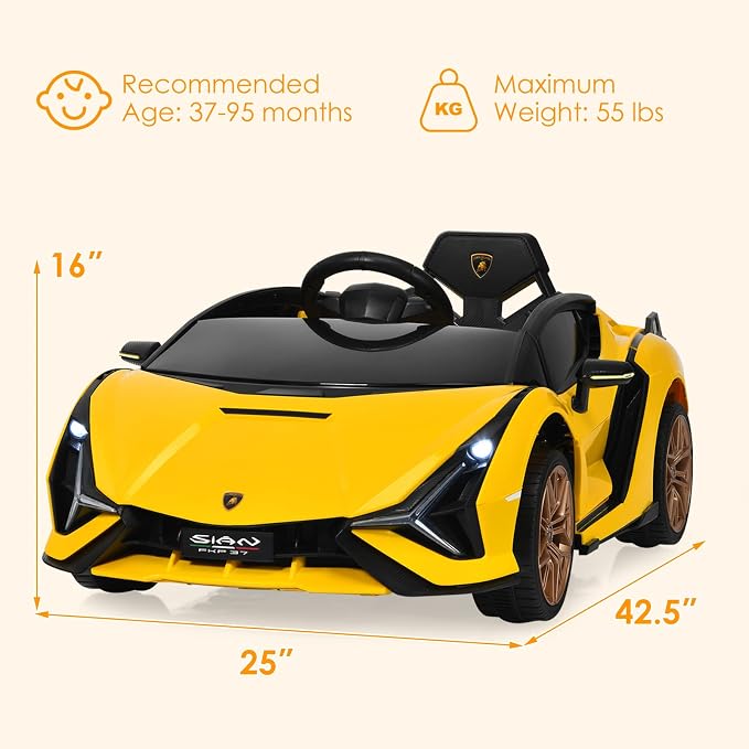 OLAKIDS Kids 12V Licensed Lamborghini SIAN Ride On Car, Electric Vehicle for Toddler with Control Remote, Battery Powered Toy with Music, 2 Speeds, Suspension, LED Lights, Bluetooth (Yellow)