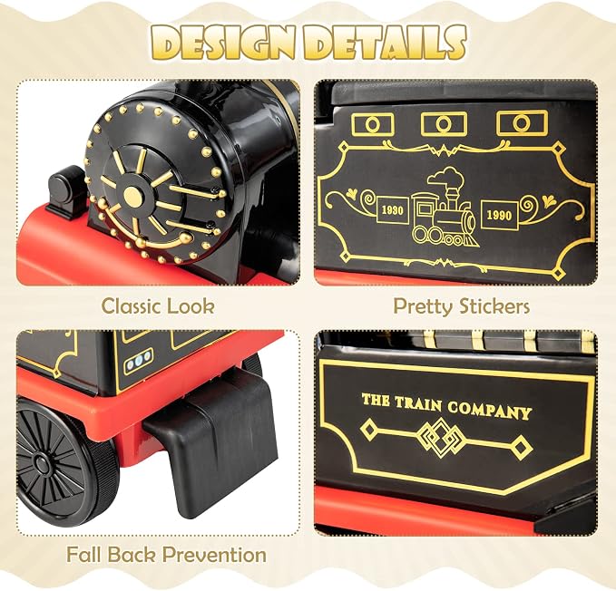 OLAKIDS Kids Ride On Train with Track, 6V Electric Toy with Lights and Sounds, Retractable Footrest, Under Seat Storage, Christmas Theme Battery Powered for Toddlers Boys Girls (1 Seater, Retro)