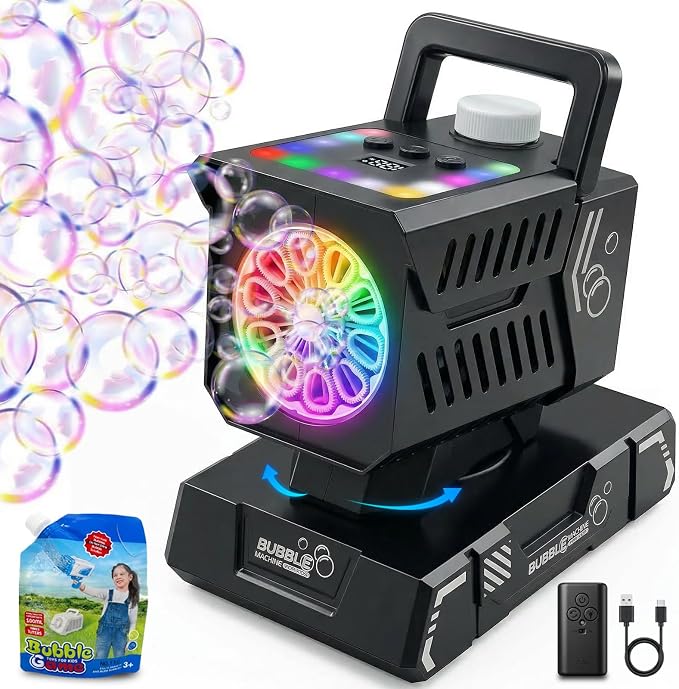 Bubble Machine for Kids, Rechargeable Bubble Maker with Remote & RGB Lights, Automatic Rotating Battery Bubble Blower for Birthday Parties, Weddings, Outdoor Activities, Pets