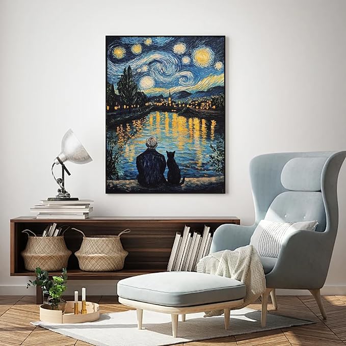 RYMILIE Cat Diamond Art Kits for Adults-Starry Night Diamond Painting Kits for Adults Beginners, 5D DIY Full Drill Round Rhinestone Gem Art Crafts Paintings for Home Wall Decor 12"x16"