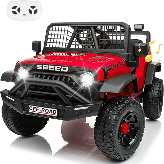 24V Ride on Toys w/Remote Control, 4WD Kids Ride on Truck Car, 3 Speed, Bluetooth Music, Wide Seat, Spring Suspension, LED Light, Birthday for Boys Girls Toddler (Black+Red)
