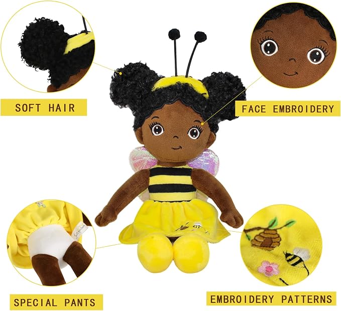 Black Baby Doll,Blacks Dolls African American Stuffed Toy,12” Rag Dolls for Girls Soft Gifts,Brown Doll Fairy Baby Toy plush toys for Christmas Birthday Party(SMALL-BLACK BEE)