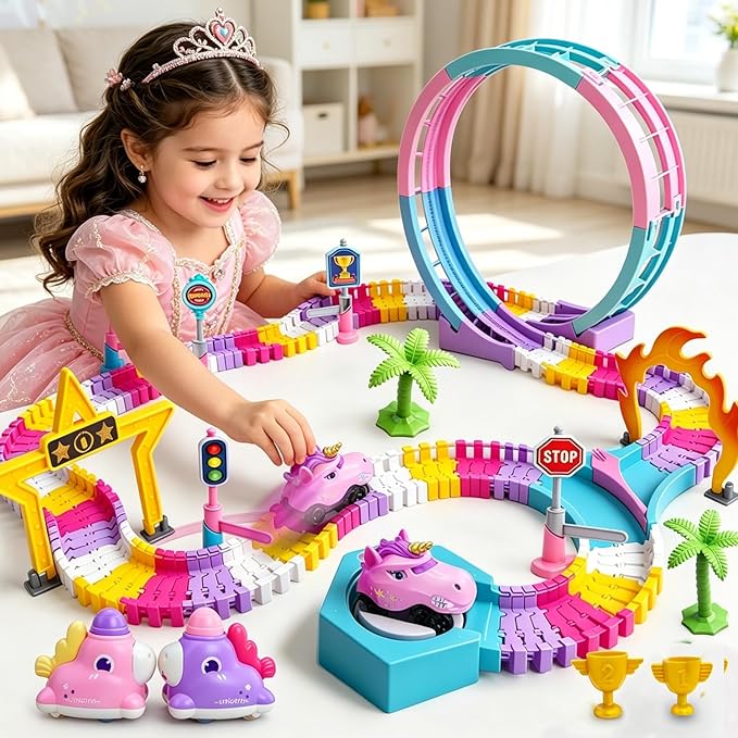 Unicorn Toys Car Race Tracks for Kids, 360° Flexible DIY Magic Racing Monster Tracks Toy with 3 Vehicle, Toddler Toys Birthday Gifts for 3 4 5 6 7 Year Old Girl