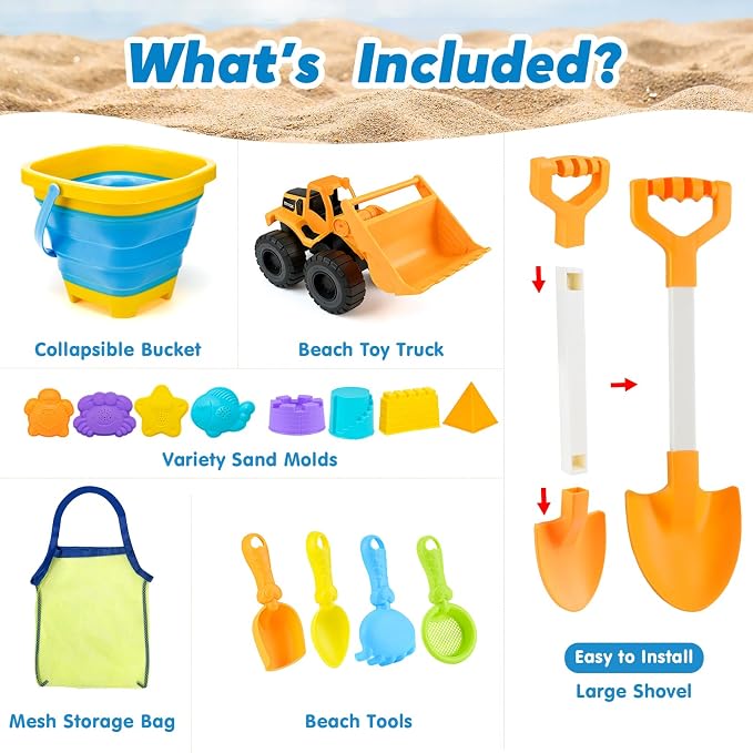 AuntyFey Beach Sand Toys for Toddler 1-3 with Trucks, 2 Collapsible Beach Toys for Kids Ages 4-8, Sandbox Toys for Toddler, Collapsible Beach Sand Buckets with Castle Sand Molds Shovels