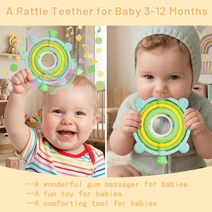 Rotatable Baby Teething Rings Rattle Toys for Infants 3-12 Months, Silicone Baby Teether Sensory Toys with Raised Textured Bumps, Safe & Soft for Chewing, Teething Relief, Soothing Sore Gums, BPA-Free
