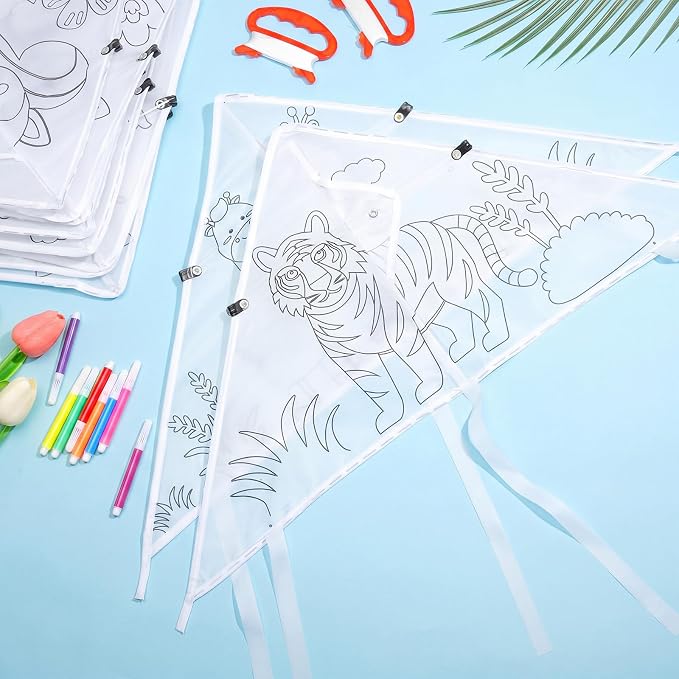Syhood 60 Pcs DIY Coloring Kites Kit for Kids Pre-Printed Cartoon Animal Kites Summer Decorating Making Kit with Watercolor Pens and Strings Handles for Outdoor Game and Activities