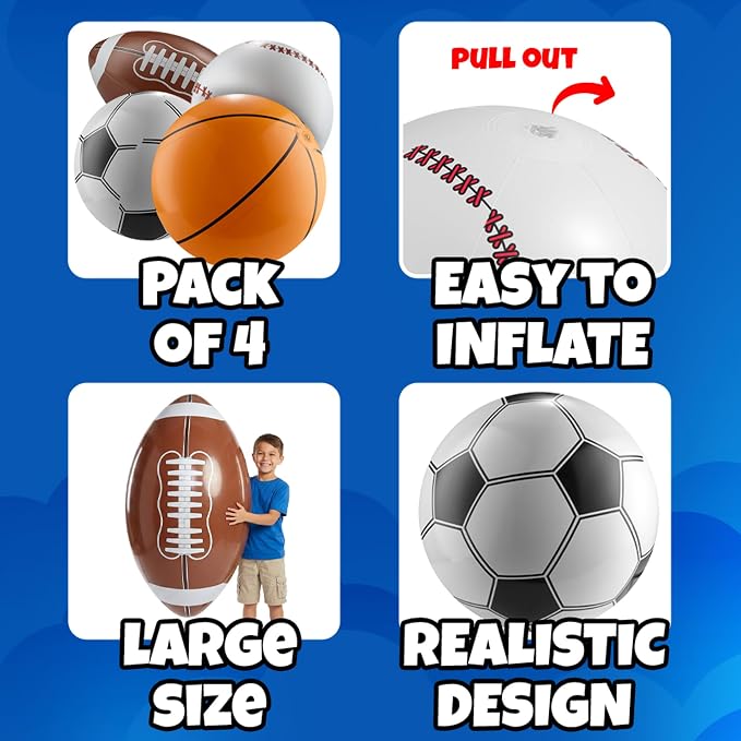 24-Inch Giant Beach Balls - (4-Pack) Extra Large Inflatable Sports Pool Ball Variety - Basketball Football Soccer Baseball - Oversized Beach Balls for Kids Summer Parties & Sports Theme Decorations
