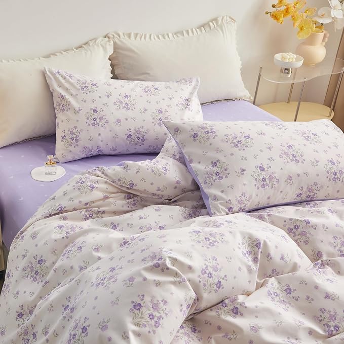 LifeTB Purple Floral Comforter Set Twin XL Fluffy Soft Microfiber Girls Garden Floral Bedding Comforter Botanical Flowers Comforter with 2 Pillowcases Vintage Aesthetic Bedding Twin XL Comforter Set