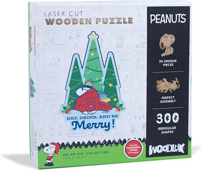 Peanuts Snoopy Puffer Coat Puzzles for Adults – 300 Pieces Unique Shaped Christmas Tree Wooden Puzzles, for Kids, 5MM Thick, Officially Licensed Merchandise – Singing Spirits, 11" x 16.5"