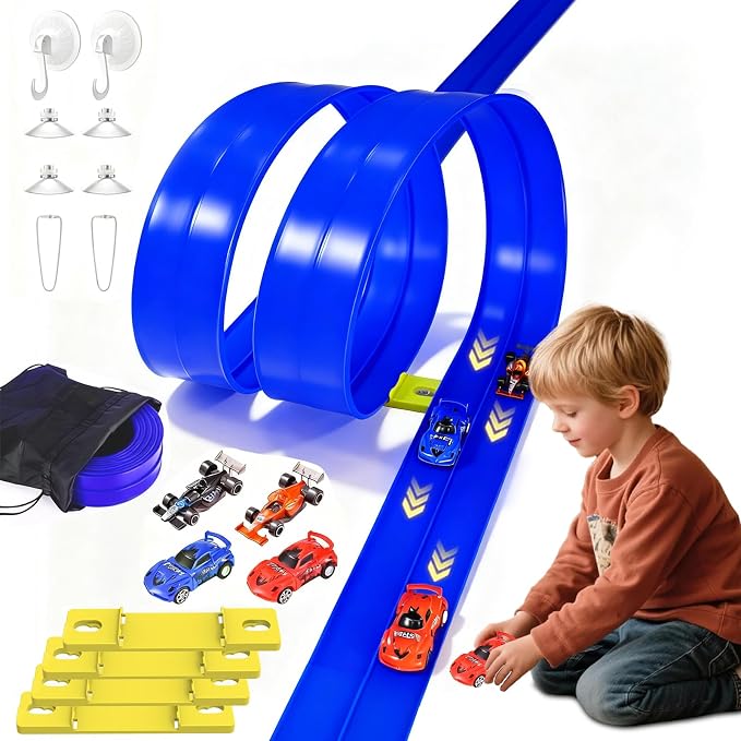 Flexible Race Track Toys for Kids: 20 Ft Flex Race Car Ramp Track with Suction Cups - Rolls Up Portable DIY Racetrack with 4 Racing Cars- Birthday Gifts for Boys Girls Ages 3+ (Dark Blue)