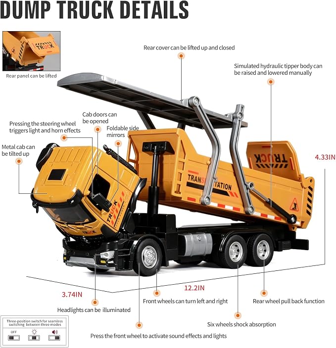 Dump Truck Toy Diecast Metal Cab Large Dump Truck with a Liftable Dump Bed Construction Truck Toys for Kids Pull Back Toy Dump Truck with Lights and Sounds Dump Truck Toys for Boys 3-5 Year Old