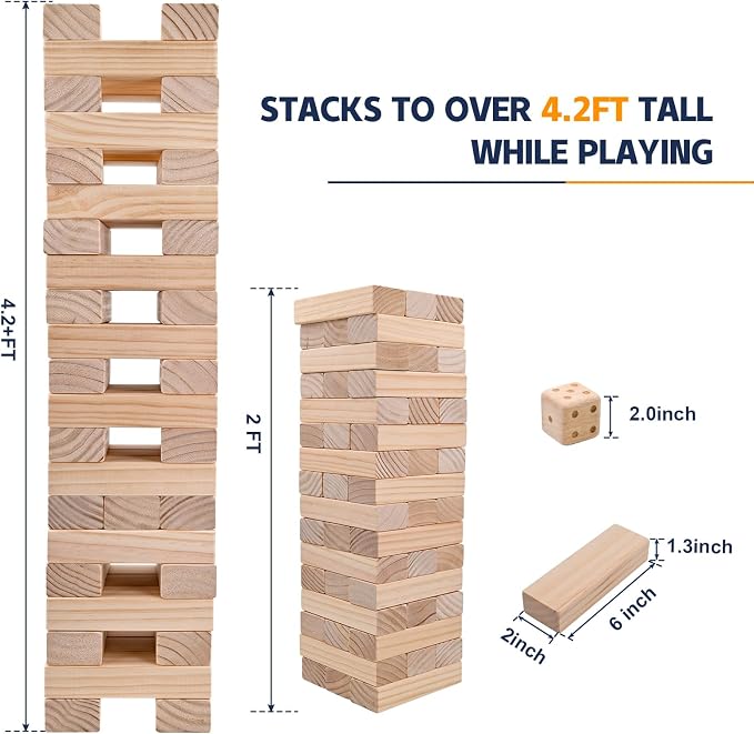 Megwoz Giant Tumble Tower Games for Kids and Adults 57 Blocks New Zealand Pine Wooden Blocks Stacking to Over 4.2FT Family Game for Indoors Outdoors Yard Games for Family