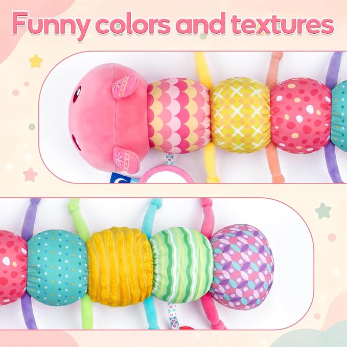 Baby Girl Toys 0-6 Months Musical Stuffed Caterpillar Pink Toys for Infant 0-3 3-6 Month Tummy Time Sensory Newborn Toys with Mirror Crinkle Rattle for 2 3 4 5 6-12 Month Old Babies Girl Shower Gifts