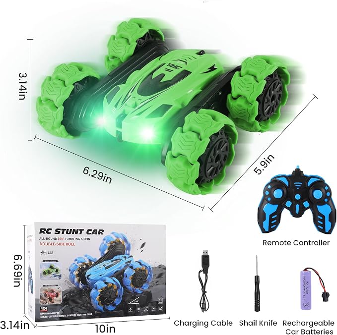RC Stunt Car, 360° Flips & Double-Sided Remote Control Truck with LED Lights, 2.4GHz High Speed All Terrain Off-Road Toy Car, Gift for Boys Girls Kids Ages 6-12 (Green)