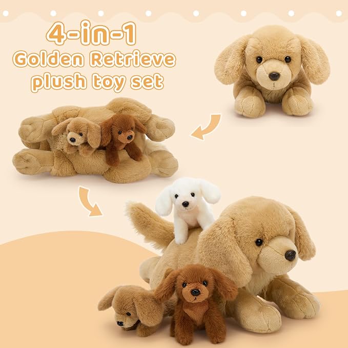 MaoGoLan 4pcs Golden Retriever Stuffed Animal with Babies Inside - 18" Mommy Dog Stuffed Animal with 3 Puppy Plushies, Soft Cute Stuffed Dog Plush Toys for Kids Girls Boys Birthday