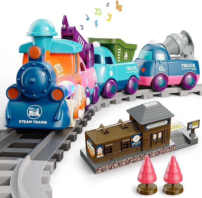 Lipneaed Train Set for Toddlers, Magnetic Train Toys for Toddlers 3+, 4pcs Trucks Toy Train for Boys and Girls, Birthday Christmas Toy Gifts for 3+ Years Old