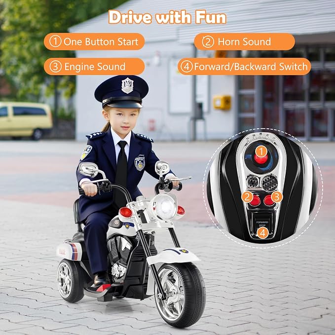 Costzon Kids Motorcycle, 6V Battery Powered Ride on Chopper Motorcycle w/Horn, Headlight, 3-Wheel Stable Ride on Toys, Electric Toddler Motorcycle for Kids, Gift for Boys Girls (Police White)
