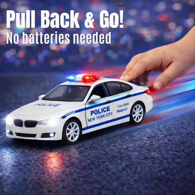 2 Pack Metal Diecast NY Police Cars Pull Back Battery Powered Toy Vehicles with LED Headlights and Siren Sounds 1:32 Scale