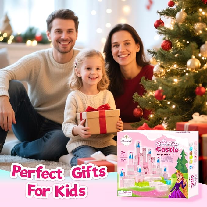 Hiwawind Large Magnetic Blocks 64Pcs (1-Inch), Princess Castle Building Toys, Birthday Gifts for 3 4 5 Year Old Girls, STEM Toddler Travel Toys for Age 3-8