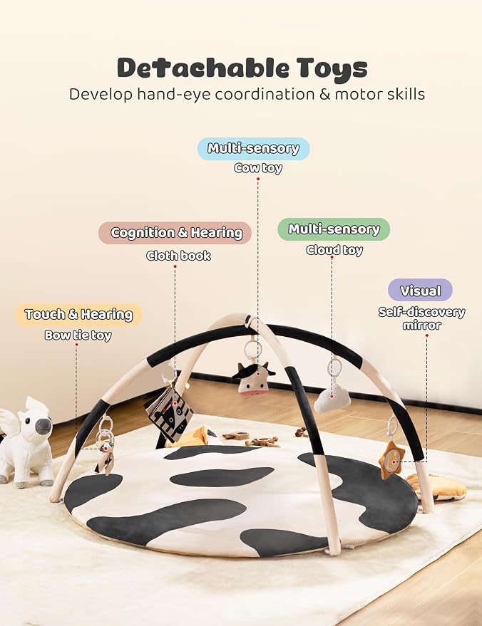 2PM SPORTS Cow Theme Baby Play Mat, Tummy Time Mat for Infant Newborn, Baby Play Gyms & Playmats for 0-3 3-6 6-12 Months, Activity Mat 5 Detachable Toys, Non Slip Gym Mat Easy to Install & Clean