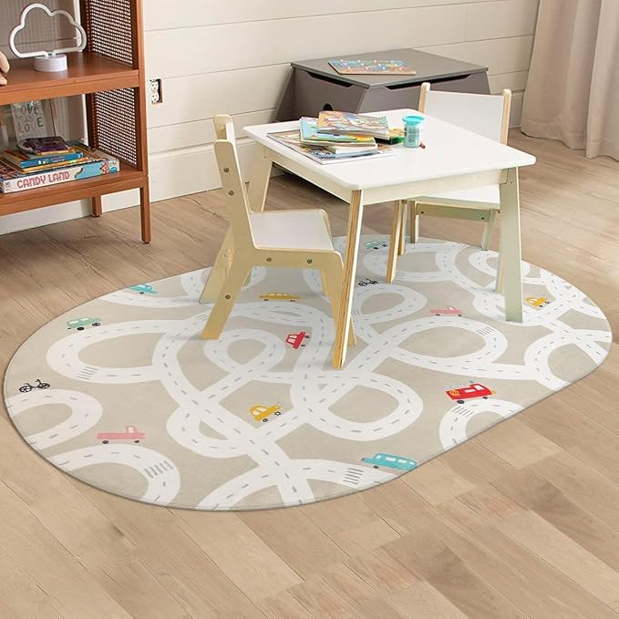 STARUIA Large Kids Rug for Playroom, 4x6 Washable Road Car Rug for Kids Room, Non-Slip Car Carpet for Boys Room, Tan Traffic Classroom Rugs Soft Baby Play Mat for Bedroom Dorm Nursery Tent