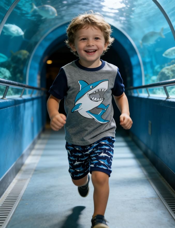 Popshion Little Boys 2 Piece Short Pajamas Train Shark Sleepwear 100% Cotton Toddler Dinosaur Pjs Summer Kids Clothes 2-7T