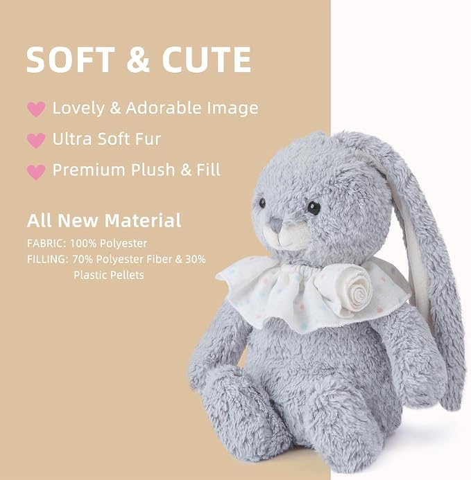 Bunny Stuffed Animal Soft Rabbit Cuddly Toy 8'' Long - Eared Plush Bunny with Ruffled Collar Plush Toys for Babies and Toddlers
