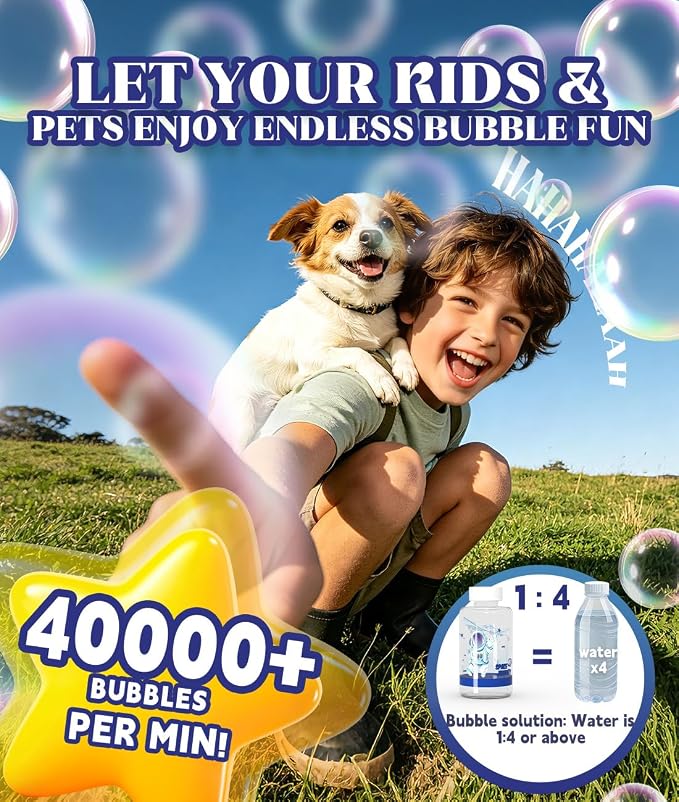 Bubble Machine - Auto 360° Rotation, Remote Control(65-131ft), 9Colors RGB Lights, 40000+ Bubbles, USB-C Rechargeable - Gift Toys for Kids, Toddler, Boys, Girls, Parties, Birthday, Wedding