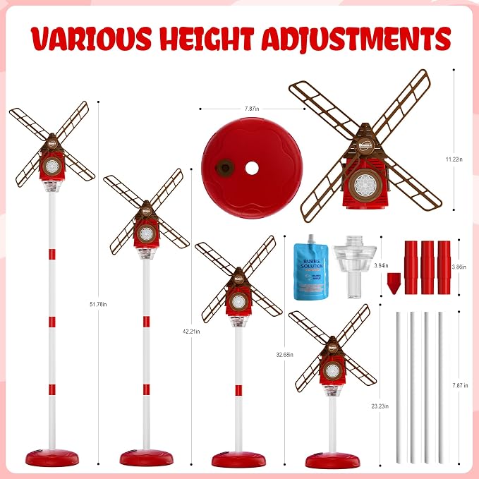 Windmill Bubble Machine for Kids, 51" Adjustable Height Bubble Maker with Light & Music, 130ml Tank, 10-Hole Battery Operated Bubble Blower for Toddlers, Backyard Outdoor Party Toys