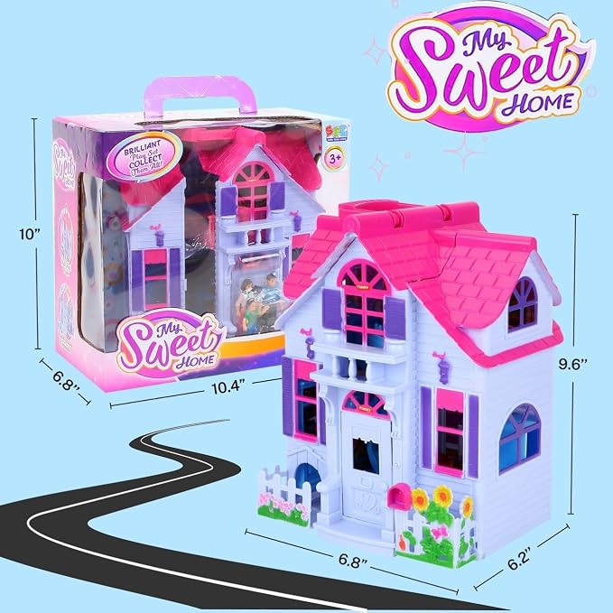 Liberty Imports My Pretty Dollhouse Fold and Go Pretend Play Mini Folding Doll House Playset with Pocket Toy Family Figures, Home Furniture and Accessories