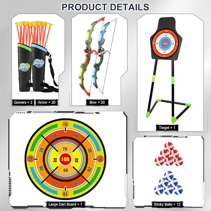 Bow and Arrow Set for Kids, 2 Pack LED Light Up Archery Set with 20 Suction Cup Arrows, Indoor and Outdoor Toy for Boys Girls Age 4-8 8-12 with Standing Target&2 Quivers, Birthday Gift 3-12 Years Old