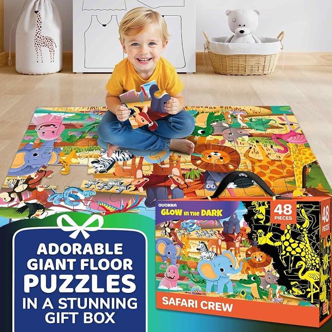 QUOKKA Giant Floor Puzzles for Kids Ages 4-6 – 2x3 Ft Glow in the Dark Jumbo Jigsaw Puzzles for Kids Ages 3-5 – 48 Large Pieces African Animal Safari Scene for 4-8 yo – Toy with Gift Box for Toddlers