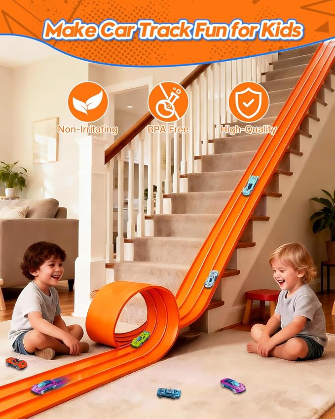 3-Lane Flex Track 15 Ft Flex Race Car Track with 6 Toy Cars,Portable DIY Racetrack Compatible Diecast 1/64th Cars for Ages 3 Up,Birthday Gifts for Boys(Orange)