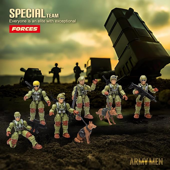 Army Men Action Figures,Toy Soldiers for Boys Age 4-7,Military Playset,Plastic Army Men Toys with 2 Dog Figures 6 Weapons Birthday Gift for Military Collectors Boys 6-8