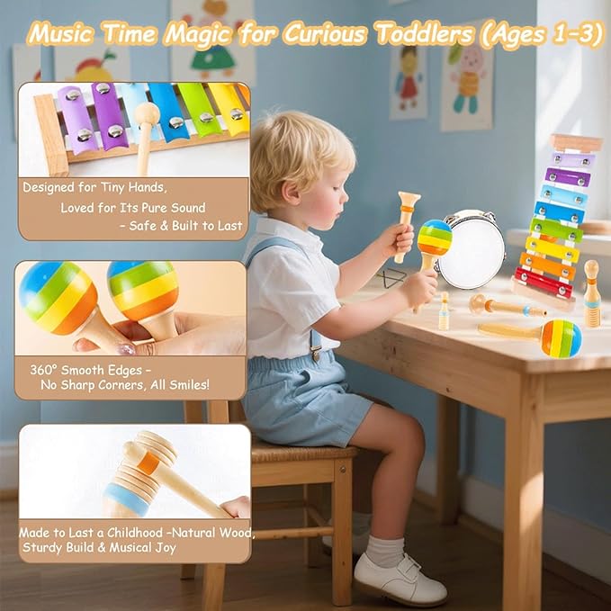 Toys for 1 2 Year Old Boys Girls Birthday Gifts, Wooden Musical Instruments for Toddlers 1-3, Educational Baby Drum Set with Xylophone & Maracas and More, Music Toys for Toddler Preschool
