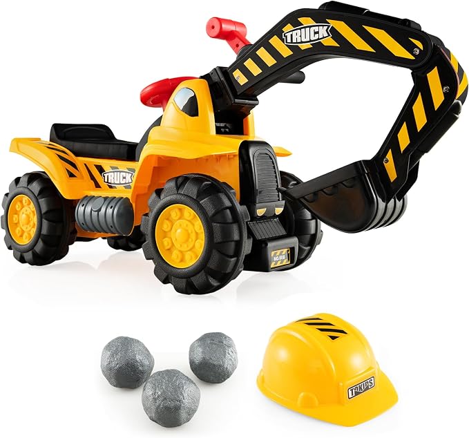 Costzon Kids Ride on Construction Excavator, Kids Digger Scooper Tractor Toy W/Safety Helmet, Rocks, Horn, Underneath Storage, Moving Forward/Backward, Push Car Gift for Boys Girls (Push Excavator)