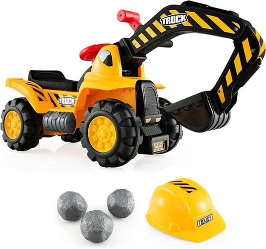 Costzon Kids Ride on Construction Excavator, Kids Digger Scooper Tractor Toy W/Safety Helmet, Rocks, Horn, Underneath Storage, Moving Forward/Backward, Push Car Gift for Boys Girls (Push Excavator)