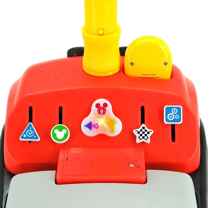 Kiddieland Mickey Mouse Foot-to-Floor Ride-On with Foldable Handle, Interactive Sounds, Toy Phone, Under-Seat Storage, Wide Wheels, 12–36 Months, 55 lb Limit, Batteries Included