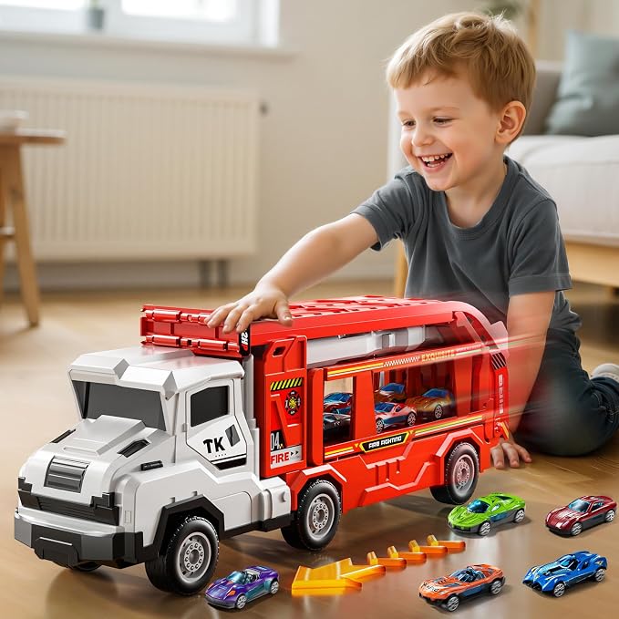 Toddler Car Truck Toys for 3 4 5 6 7 8 Years Old Boys, Transporter Truck Toy Track Set with 12 Die-Cast Car Toys, Toy Gifts for 3 4 5 6 Year Old Boys Kids