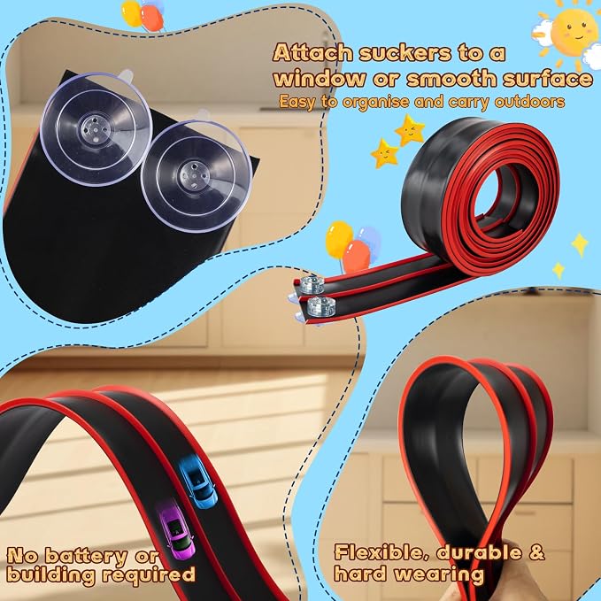 Flex Tracks 15 Ft for Kids Starter Set, Flexible Race Car Ramp Track with Suction Cups Compatible with Diecast 1/64th Cars for Ages 3 & Up (Black & Red)