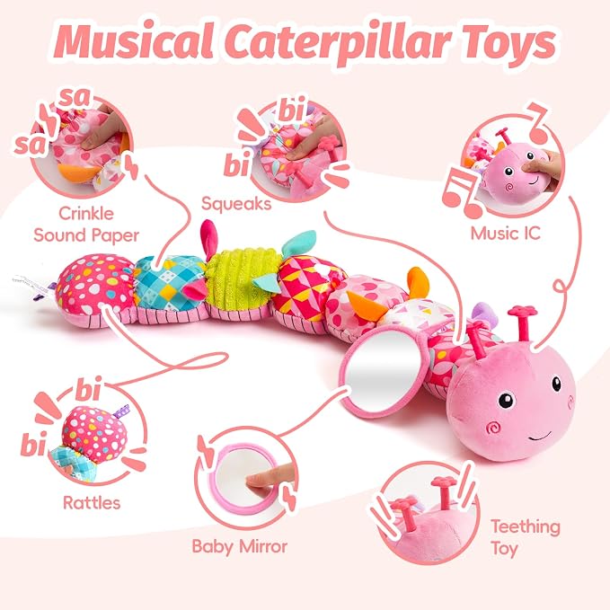 Baby Toys 0-6 Months, Musical Caterpillar Plush Toy with Rattles,Crinkle Sound, Mirror, Newborn Sensory Toys for Infants Developmental Stuffed Animal with Tummy Time for Boys Girls 6-12 Month (Pink)