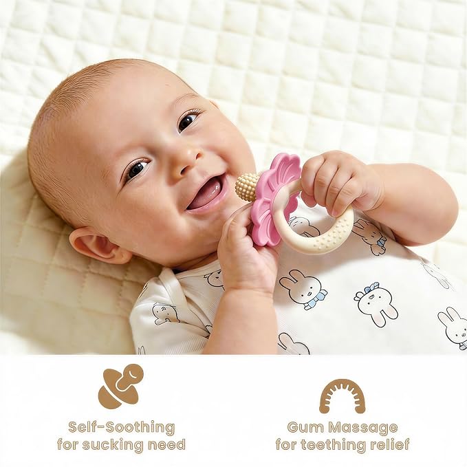 Baby Silicone Flower Teether Pacifier, Nipple-Shaped End Texture for Sucking Needs, Teething Relief, Chew Sensory Toys for Babies 0-6 6-12 Months, Hands-Free Design, BPA Free, Freezable -Pink