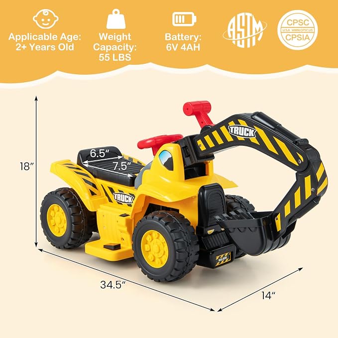 Costzon 6V Ride On Construction Excavator, Outdoor Digger Scooper Tractor Toy W/Safety Helmet, Rocks, Horn, Underneath Storage, Moving Forward/Backward, Pretend Play Ride On Truck (6V)